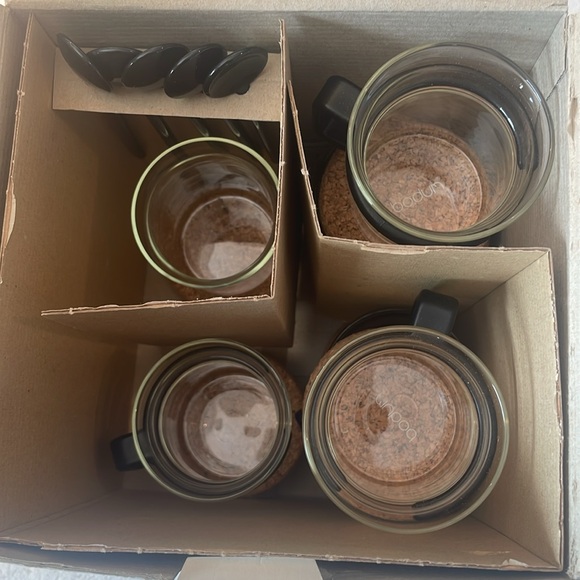 Vintage Bodum coffee glasses cork coasters bistro sugar creamer spoons Jorgensen - Picture 7 of 16